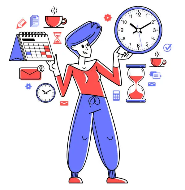 Vector illustration of Business worker planning tasks and create time management vector outline illustration, productivity multitask prioritization, deadline and zero hour.