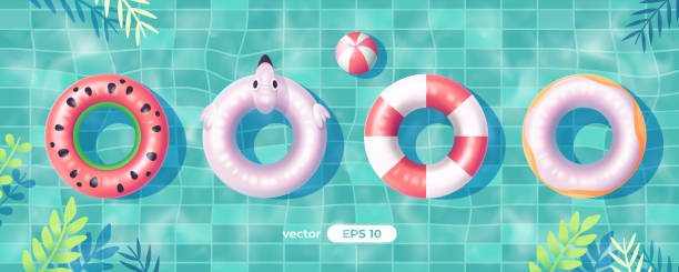 istock Swim ring, inflatable rubber circle. Flamingos, watermelon. Swimming pool vector. Top view. Summer background. Banner or poster. Simple cartoon design. Realistic 3d Illustration eps10. 1692197085