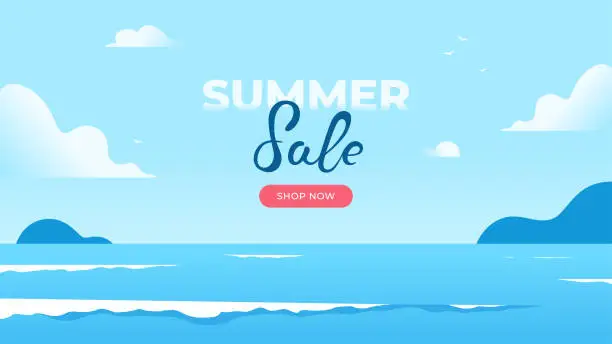 Vector illustration of Sea, ocean summer background vector. Beautiful landscape, seascape. Water and sky with clouds. Small waves. Banner or poster. Sale template. Simple cartoon design. Realistic 3d. Illustration eps10.