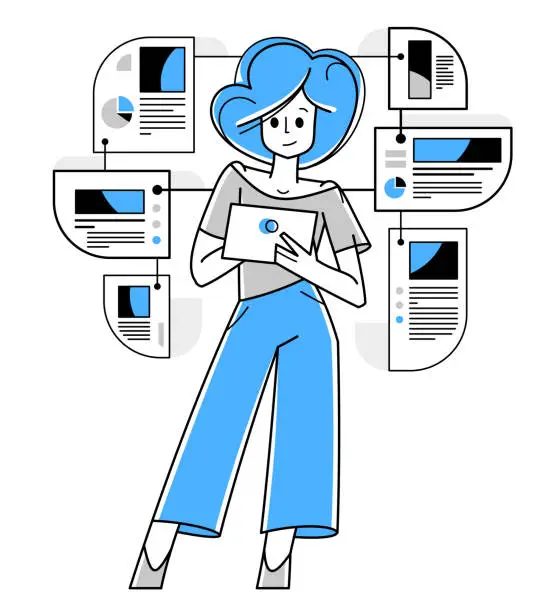 Vector illustration of Woman intellectual worker making analysis of some data on pc or web, data systematization, collecting and analyzing information, vector outline illustration.