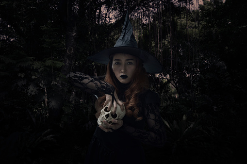 Halloween witch holding a skull standing over dark forest and tree, Halloween mystery concept