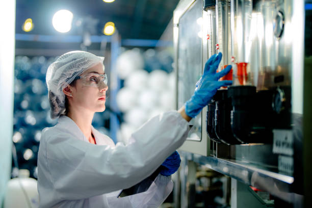 trabajador científico comprobando la calidad del sistema de máquina de ósmosis inversa en la fábrica industrial. trabajadora registrando datos en el panel de control con presión de medida para reciclar planta portátil. - women scientist indoors science fotografías e imágenes de stock