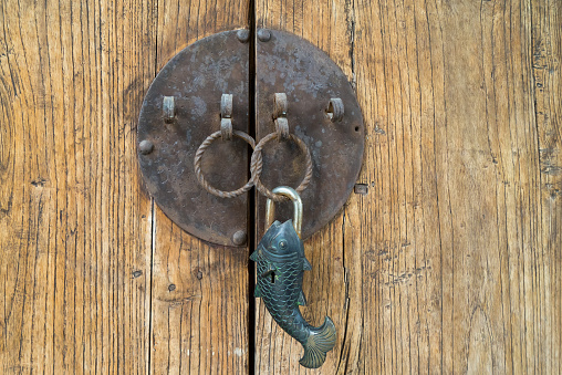 old chinese door with lock in the form of fish.