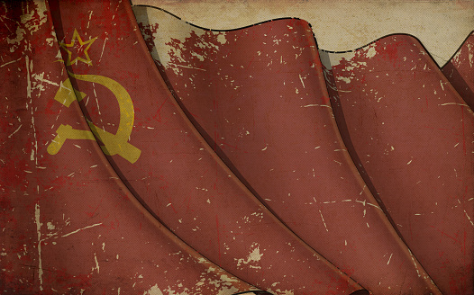 Background illustration of an old paper with a print of a waving Flag of Soviet Union During WWII (1936-1955)