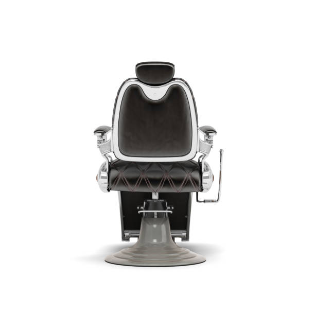 istock Retro black leather barber chair with chrome inserts back view 3d render on white 1692234167
