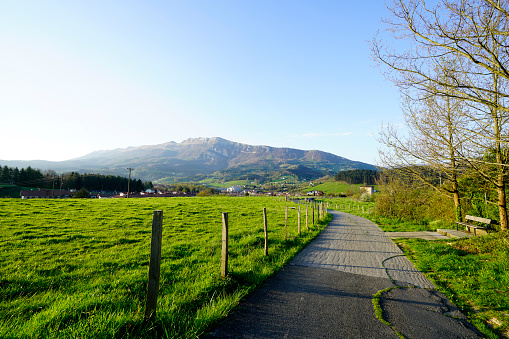 Nature landscape of green grass field, walkway, mountain, and blue sky on sunny day in spring. Cow farming ranch. Animal pasture. Asphalt path beside fence of farmland. Green environment in Europe.