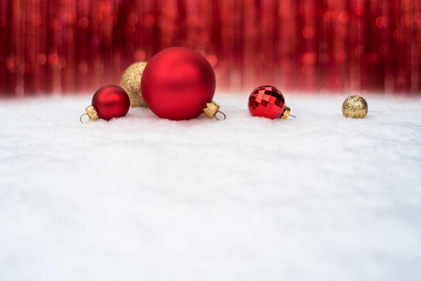 Christmas Celebration Background with Red Christmas Balls on Snow