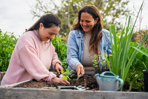 Side view of mother and daughter with down syndrome gardening during daytime
