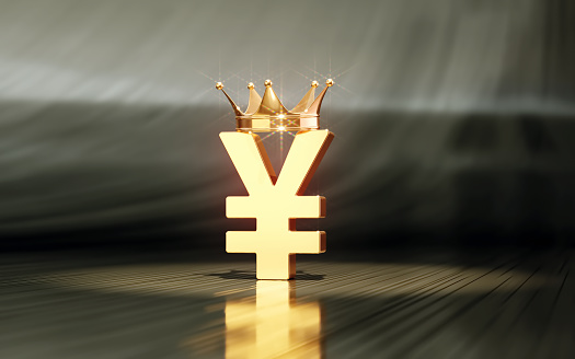 3d render Sitting King Crown Japanese Yen Sign on Green Background (Depth of field)