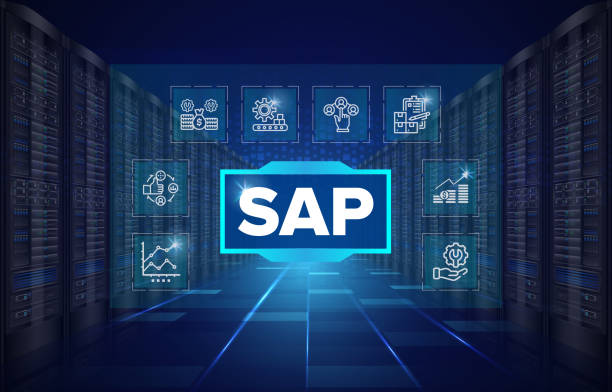 illustrazioni stock, clip art, cartoni animati e icone di tendenza di sap cloud server system software automation - concetto di costruzione erp (enterprise resource planning) su schermo virtuale. - hannah