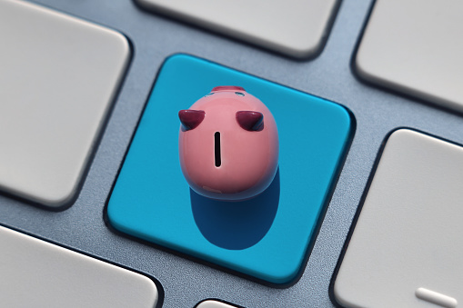 Piggy bank on computer keyboard
