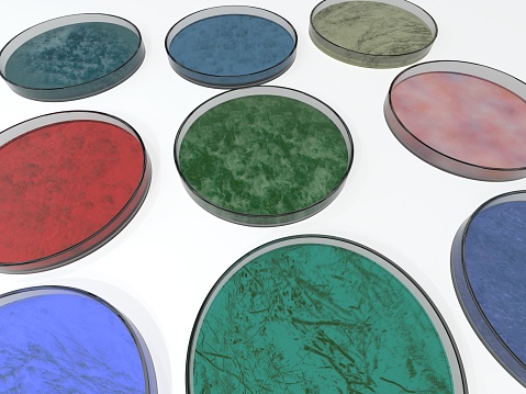 A 3D rendering of petri dishes on a light table