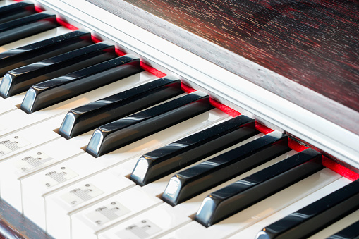 Piano with black and white keys in detail with a wooden look