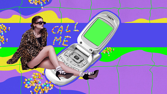 Stylish young girl in coat with animal print and retro mobile phone. Call me. Contemporary art collage. Concept of y2k style, futurism, creativity and inspiration, youth. Poster, ad