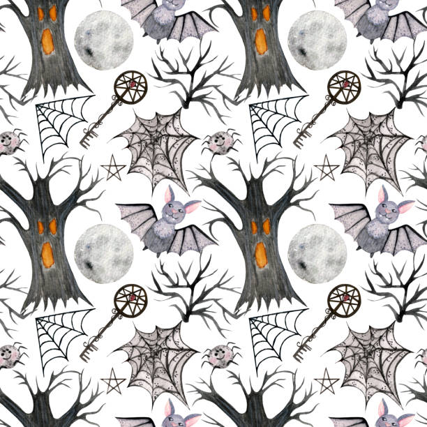 ilustraciones, imágenes clip art, dibujos animados e iconos de stock de acuarela patrón sin costuras de halloween, telaraña, lindo murciélago, árbol espeluznante, luna, llave mágica sobre fondo blanco. - bat moon outdoors nature