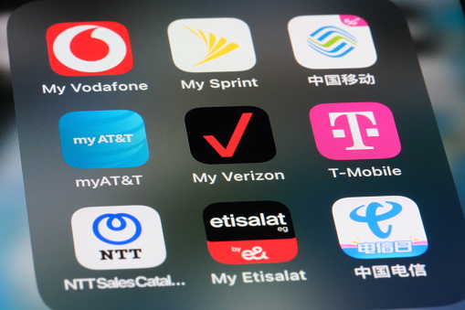 Shanghai,China-September 20th 2023: Verizon Communications, AT and T,T-Mobile, Vodafone, Sprint Corporation, China Mobile, NTT, Etisalat by e& and China Telecom app icons. Assorted telecommunications brands