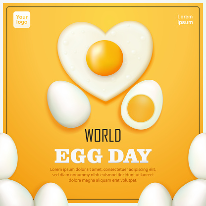World Egg Day. Heart shaped eggs, hard boiled eggs and whole eggs. 3d vector, suitable for design elements, advertising and events
