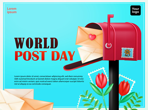 World Postal Day. Mailbox containing a love letter, with tulip flower elements. 3d vector, suitable for events and design elements
