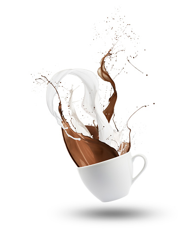 milk and chocolate splashing out of cup, isolated on white background.