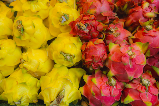 Close up of yellow and pink dragon fruits on display