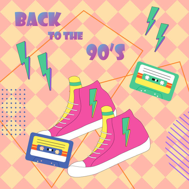 ilustraciones, imágenes clip art, dibujos animados e iconos de stock de póster con zapatillas y casetes de cinta. estilo retro con elementos retro. vector sobre fondo de color. - 1980s style fashion canvas shoe beauty