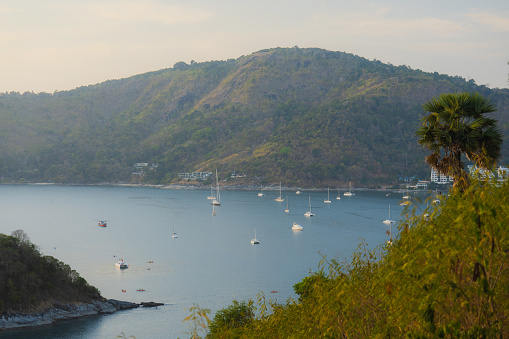 Scenic view of Chalong bay from viewpoint at sunset, Phuket, Krabi