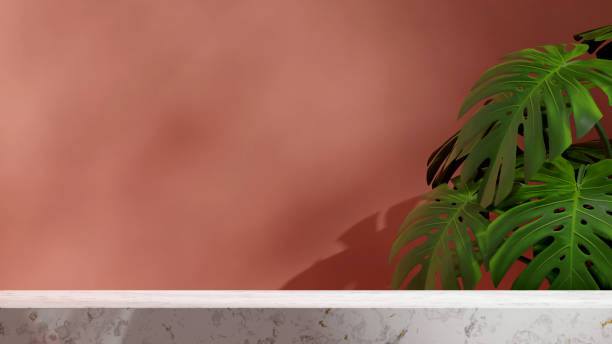 istock white marble podium in landscape red wall and green monstera plant, 3d render empty space 1692331850