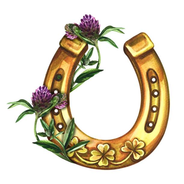 ilustrações de stock, clip art, desenhos animados e ícones de horseshoe with four-leaf clover. a symbol of good luck. handmade watercolor illustration. isolate. for printing, stickers and labels. for postcards, prints and packaging. for banners, posters. - horseshoe gold luck success