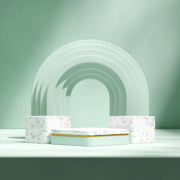 istock mint green arch and wall, rendering 3d empty scene white marble block podium in square 1692344154