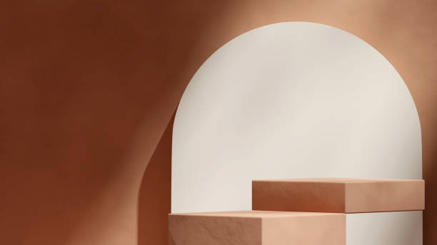 istock brown textured podium in landscape white arch wall, 3d image render blank mockup 1692344156