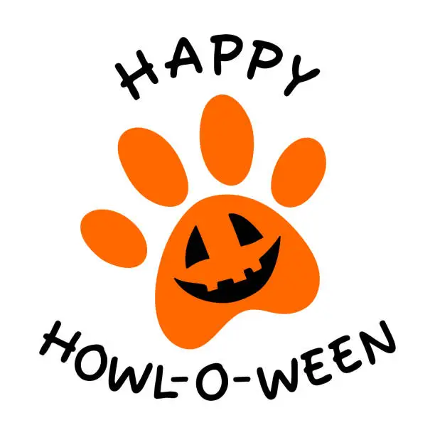 Vector illustration of HAPPY HOWL-O-WEEN. Dog paw with pumpkin. Happy Halloween. Paws prints dog. Love dogs. Fall, autumn, Thanksgiving, Halloween element for design.Isolated on white background.
