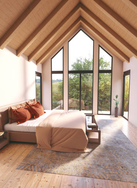 istock Large luxury bedroom with a beautiful view of a forest 1692369662