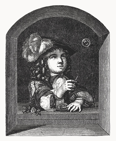 A boy blowings bubbles. Wood engraving after an oil painting (1670) by Caspar Netscher (Dutch painter, 1639 - 1684) in the Mauritshuis, The Hague, Netherlands, published in 1878.
