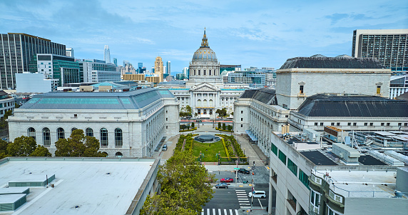 Image of Government buildings and war memorial with aerial focus on city hall