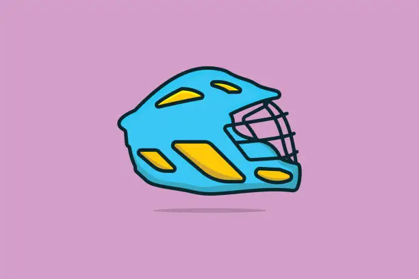 Vector illustration of Hockey Goalkeeper Helmet with Metal Protect Visor vector illustration. Sports game object icon concept. Hockey sport helmet side view vector design with shadow on purple background.