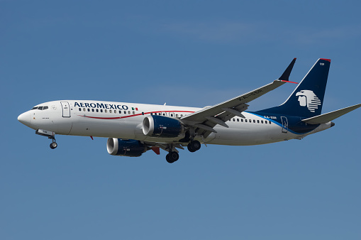 City of Los Angeles, California, United States: AeroMexico Boeing 737 with registration XA-SSR shown on final approach at LAX, Los Angeles International Airport.