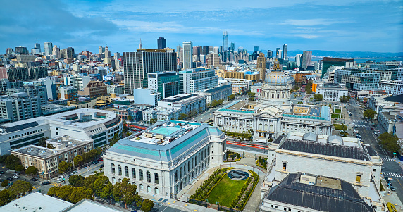 Image of San Francisco aerial view of city and city hall and memorial court