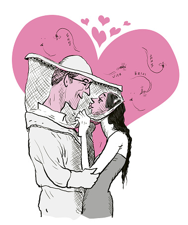 Vector Beekeeper Man and his Lover Embrace in Front of the Heart Shape