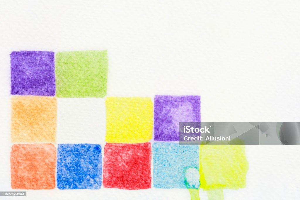 Astratto, watercolor on white paper Colored squares on white sheet, watercolor Abstract Stock Photo