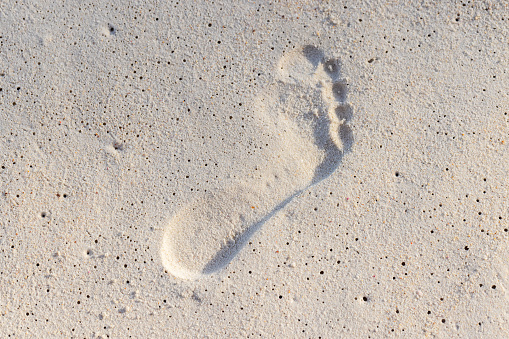 Human bare footprint in wet white sand on the beach, close-up photo, top view