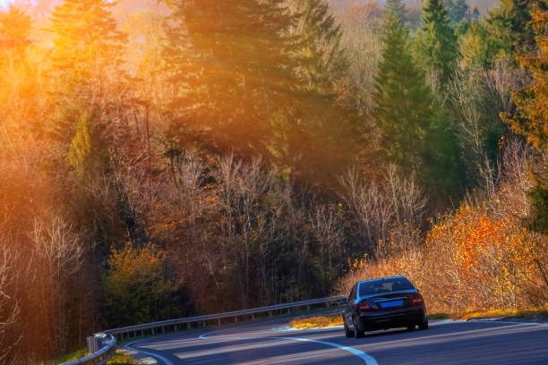 istock Black car on a forest road. Golden autumn. Selective focus on car. Horizontal image. 1692424994