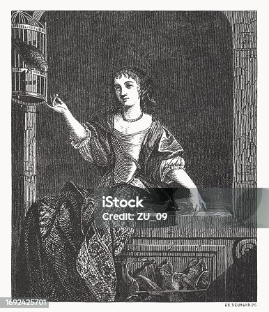 istock Lady with the parrot, painted by Caspar Netscher, woodcut, 1878 1692425701