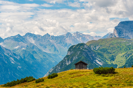 Scenic hike on Blaser mountain in summer, Tyrol, Austrian Alps.