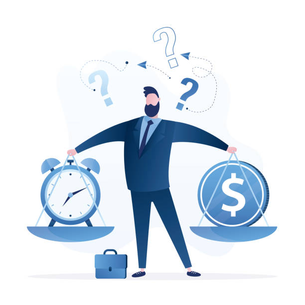 istock Difficulty decision, time or profit, businessman thinking, balancing save time or earning money choice. Time value of money. Money management. Work efficiency, productivity. 1692430250