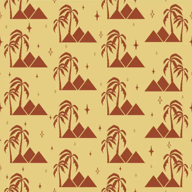 Vector illustration of Seamless pattern with palms and pyramid illustration. Oasis vector art