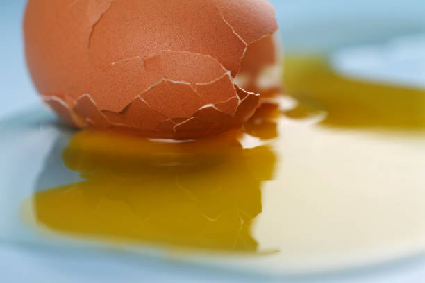 istock cracked egg shell and spilled egg white and yolk on blue background 1692441847