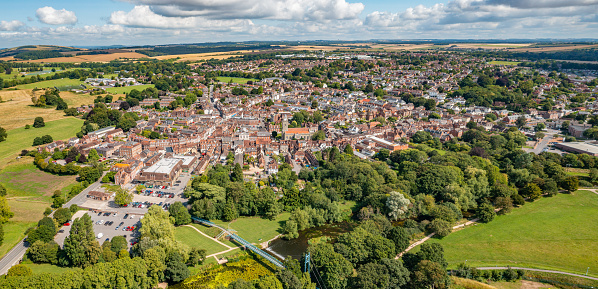 Aerial photo from a drone of the market town of Blandford Forum in Dorset, England.