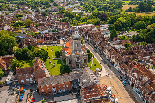 Aerial photo from a drone of the town church in Blandford Forum, Dorset, England.