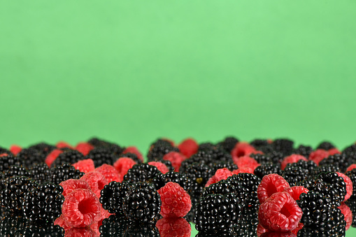 Raspberry and blackberry on green mirror. Side view. High resolution photo.  Selective focus. Shallow depth of field.