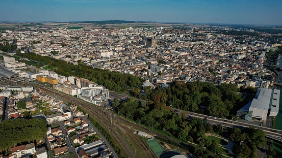 Aerial view of the city Reims in France on a sunny afternoon in summer.